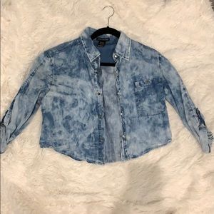 Acid wash cropped jean button down shirt